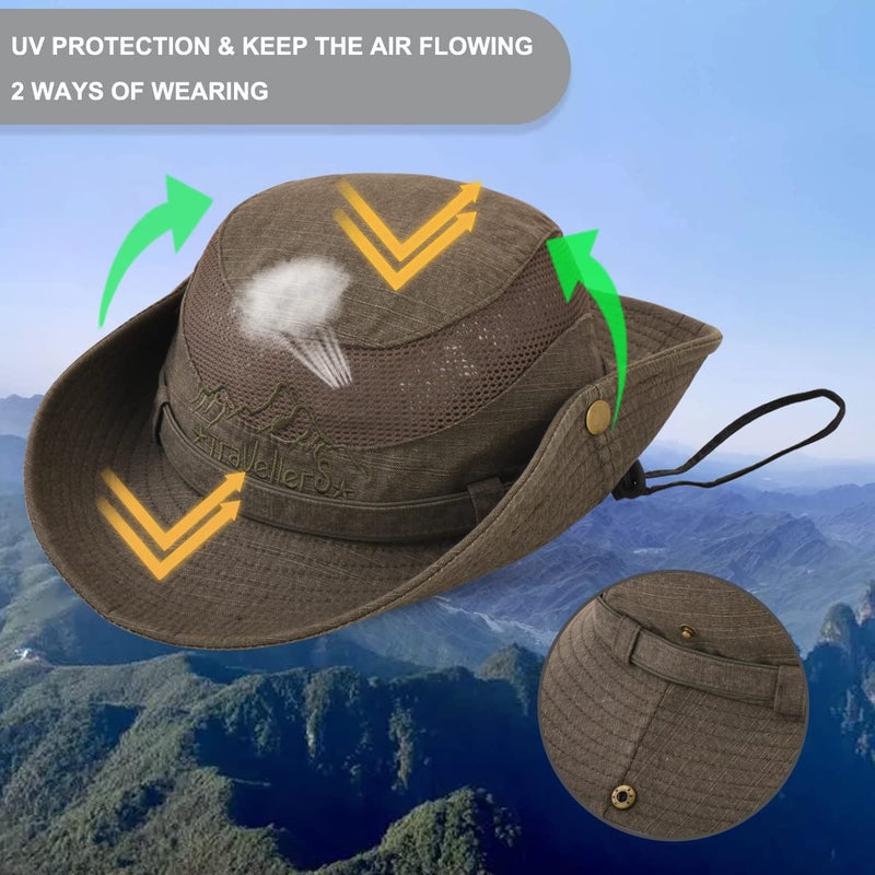 KeepSa Sun Hat for Men, Cotton Embroidery Summer Outdoor Sun Protection Wide Brim Bucket Hat Foldable Safari Boonie Hat - Image 3